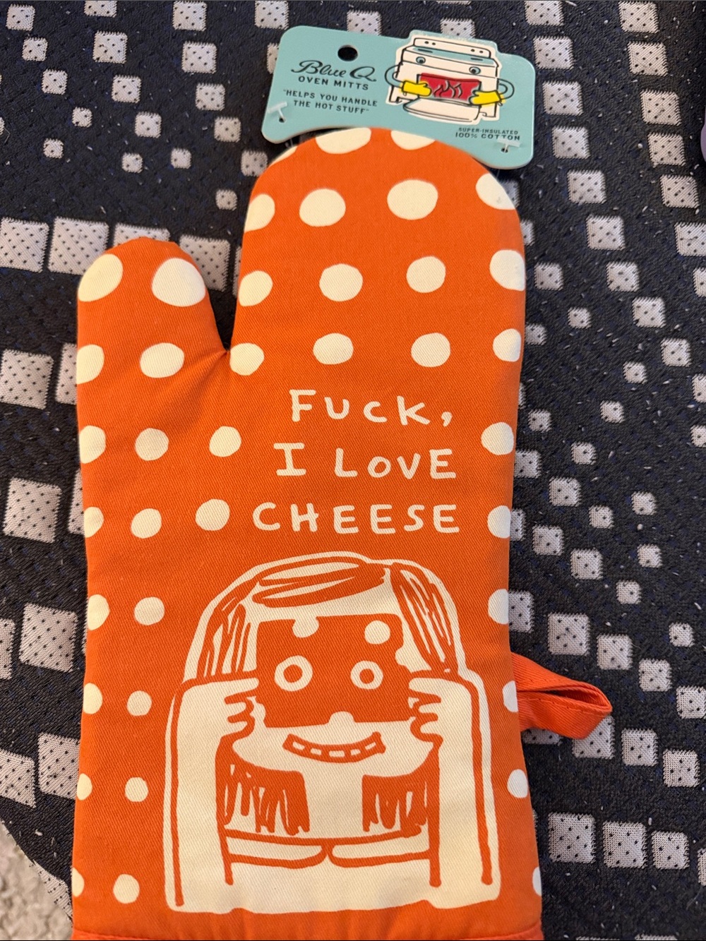 Blue Q Orange Polka Dot Kids Oven Mitt - 'I Love Cheese' Graphic